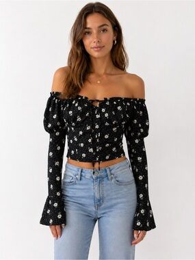 Acoa • Satiny Floral Print Off the Shoulder Top